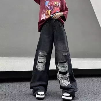 Женские винтажные рваные джинсы, свободные прямые брюки с широкими штанинами, джинсовые брюки XXL чёрный