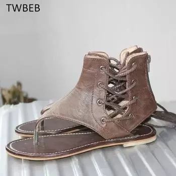 Женские винтажные сандалии Летняя женская обувь Сандалии-гладиаторы Шлепанцы для женщин Пляжная обувь Кожаные плоские сандалии Mujer 35 коричневый