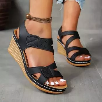 Женские винтажные сандалии на покатом каблуке - регулируемый ремешок на щиколотке, открытый носок, перфорированный дизайн, застежка на липучке, несколько вариантов цвета, сандалии с ремешками 36 темно-синий