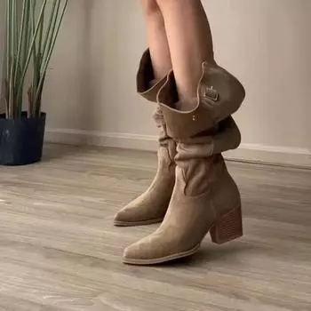 Женские винтажные сапоги до колена с кисточками, осенние сапоги из искусственной замши на квадратном каблуке в стиле вестерн, женские туфли больших размеров с острым носком для женщин 36 верблюд