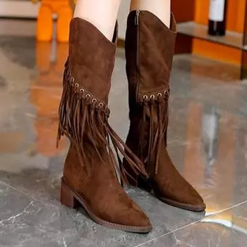 Женские винтажные сапоги с бахромой, зимние сапоги на толстом каблуке с острым носком, высокие сапоги до колена, женские высококачественные ковбойские сапоги в стиле вестерн, модная обувь 35 чёрный
