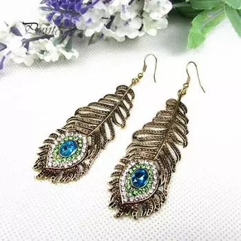 Женские винтажные серьги-крючки со стразами и павлиньими перьями, ювелирные изделия