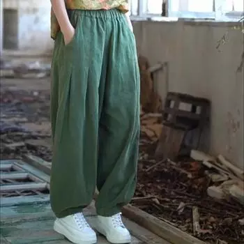 Женские винтажные шаровары Ramie с эластичной резинкой на талии, однотонные свободные весенние лоскутные женские длинные брюки One Size кофейный