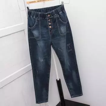 Женские винтажные шаровары с высокой талией больших размеров Свободные джинсовые джинсы-бойфренды Уличные брюки 5XL синий