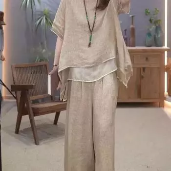 Женские винтажные широкие брюки, костюмы, повседневные лоскутные блузки, брюки, комплекты из 2 предметов, свободный костюм, большие размеры M хаки