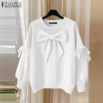 Женские винтажные свитера с круглым вырезом и длинным рукавом с завязками S белый