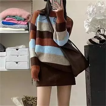 Женские винтажные свитера в контрастную полоску, универсальный свободный вязаный пуловер с длинными рукавами, корейский модный свитер с шарфом, комплект из 2 предметов One size коричневый