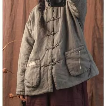 Женские винтажные теплые парки со стойкой, пальто на пуговицах рами, осенне-зимние парки с длинными рукавами и карманами, парки в китайском стиле One Size чёрный