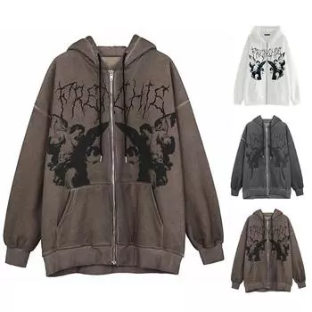 Женские винтажные толстовки с принтом ангела, мужские толстовки с карманами на молнии и длинными рукавами, уличная одежда, осень-зима, Y2K, эстетическая куртка с капюшоном, толстовки 2XL кофейный