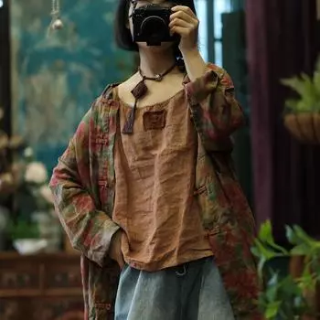 Женские винтажные топы Johnature, однотонные тканевые летние топы в китайском стиле в стиле пэчворк One Size синий