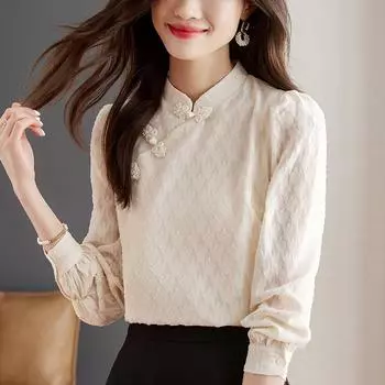 Женские винтажные топы, шифоновая блузка с длинным рукавом, повседневная одежда XS абрикосовый