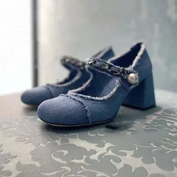 Женские винтажные туфли на высоком толстом каблуке, женские босоножки с ремешком сзади, летние туфли на каблуках из денима, дизайнерские туфли на высоком каблуке для женщин 34