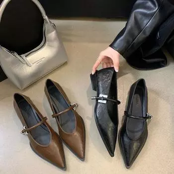 Женские винтажные туфли с острым носком в новом стиле, женские квадратные туфли с металлической пряжкой и линией, новые роскошные туфли на каблуках 35 чёрный