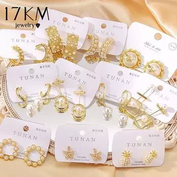 Женские винтажные висячие серьги с жемчугом, 17 км, золотого цвета, круглые серьги-капли с геометрическим рисунком, 2021, трендовые ювелирные изделия, подарки