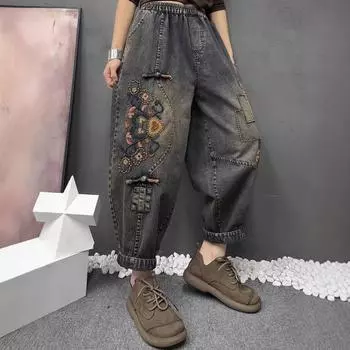 Женские винтажные вышитые мешковатые джинсы в этническом стиле Y2K Streetwear Повседневные джинсы с высокой талией и свободными карманами Джинсовые брюки Pantalones De Mujer M серый