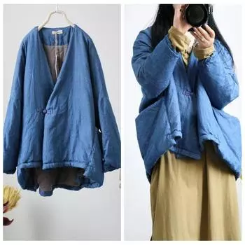 Женские винтажные зимние парки, однотонные парки с v-образным вырезом и длинными рукавами, теплые льняные парки в китайском стиле на одной пуговице, пальто One Size темно-синий