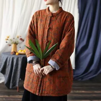 Женские винтажные зимние парки со стойкой, теплые хлопковые пальто с цветочным принтом, лоскутные карманы и пуговицы, парки в китайском стиле One Size темно-оранжевого