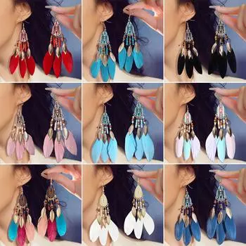 Женские висячие серьги, богемные этнические серьги-перья с каплями воды, длинные кисточки, разноцветные бусины, серьги-подвески, ювелирные изделия, свадебные подарки 1