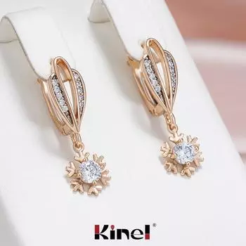 Женские висячие серьги Kinel со снежинками из натурального циркона, розовое золото, повседневные украшения, легко сочетаются розового золота