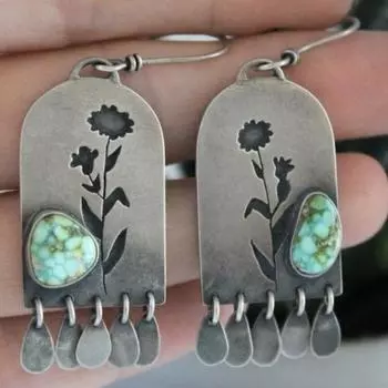 Женские висячие серьги с полым цветочным узором геометрической формы, нерегулярные бирюзовые инкрустированные серьги в богемном стиле, модные серьги