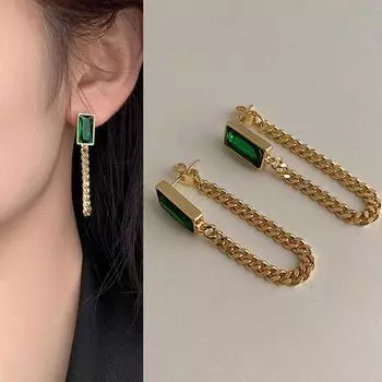 Женские висячие серьги со стразами зеленого цвета, цепочка с кисточками в винтажном стиле с квадратными стразами для вечеринок