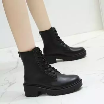 Женские водонепроницаемые ботильоны на толстом каблуке, 8 люверсов, обувь на шнуровке, армейская кожаная обувь 40 чёрный