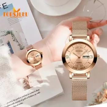 Женские водонепроницаемые часы с календарем: Круглый циферблат, тонкий ремешок, декоративный сплав, защита от царапин - Модные аксессуары для женщин золотистый