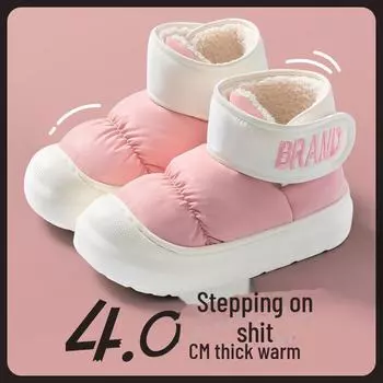 «Женские водонепроницаемые хлопковые тапочки 2024 года — теплый бархат, нескользящие, толстая подошва, высокие зимние сапоги для дома и улицы» Fits EU 35-36