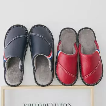 Женские водонепроницаемые кожаные плюшевые зимние тапочки - нескользящие, толстая подошва, однотонные