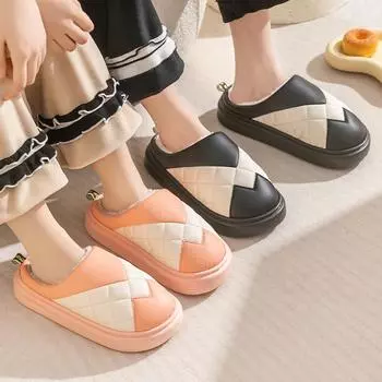 Женские водонепроницаемые тапочки из искусственной кожи — мягкие, теплые, нескользящие, с толстой подошвой — идеально подходят для использования в помещении осенью и зимой