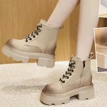Женские водонепроницаемые зимние ботинки 2024 года, зимние нескользящие теплые плюшевые ботильоны, женские ботинки на шнуровке для мотоцикла на платформе, Mujer 33 бежевый