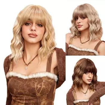 Женские волосы до плеч, волнистые вьющиеся волосы, ленивые натуральные пушистые короткие вьющиеся волосы на ключицах, полный парик 36cm