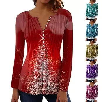 Женские воротники на пуговицах с принтом Длинные рукава с принтом Праздничная базовая туника Тонкие топы Рождественские этнические топы с принтом Футболки Пуловеры с V-образным вырезом L
