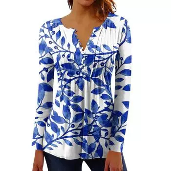 Женские воротники на пуговицах с принтом и длинными рукавами Базовые праздничные топы Тонкие топы Пуловеры с V-образным вырезом и принтом Топы S жёлтый