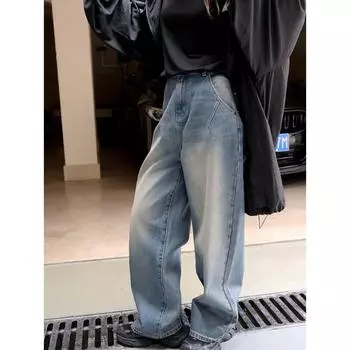 Женские вощеные джинсы Louvre в стиле ретро с широкими штанинами — корейская мода осень/зима Medium