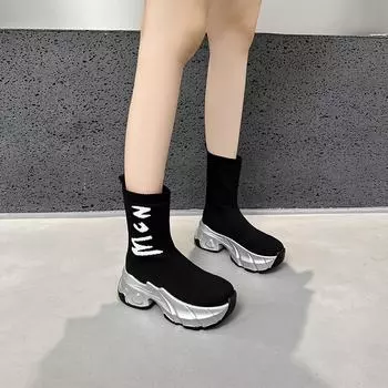 Женские вязаные эластичные сапоги до середины голени в европейском стиле 2024 года: Модный дизайн на толстой подошве для похудения 35 чёрный