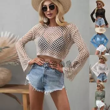 Женские вязаные ажурные свитера с расклешенными рукавами и круглым вырезом, вязаный джемпер S чёрный