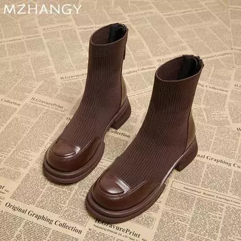 Женские вязаные ботильоны зимние массивные туфли женские трендовые модные туфли на низком каблуке для ходьбы по снегу новые платья мотоциклетные ботинки Mujer 35 чёрный