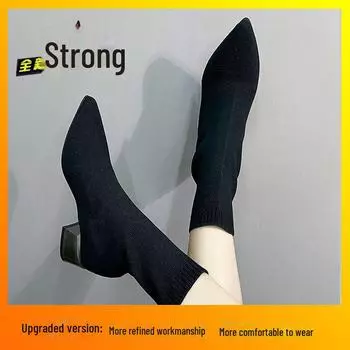 Женские вязаные черные остроносые сапоги-носки с толстым низким каблуком - новинка 2024 года, эластичная облегающая посадка на осень/зиму Size 37