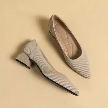 Женские вязаные дышащие удобные нескользящие рабочие туфли на высоком каблуке с острым носком, модные и красивые туфли на квадратном каблуке 34 чёрный