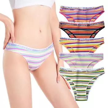 Женские вязаные хлопковые трусы больших размеров, трусики с низкой талией, трусики в радужную полоску с Т-образной спинкой, удобное дышащее женское нижнее белье M розовый