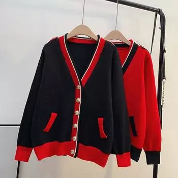 Женские вязаные кардиганы, осенне-зимний женский свитер с длинным рукавом в полоску, повседневный женский карман на пуговицах с v-образным вырезом One Size чёрный