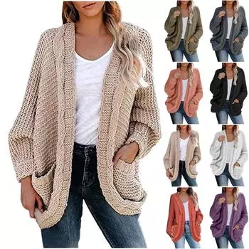 Женские вязаные кардиганы, свободные объемные свитера с объемным запахом и карманами, пальто L хаки