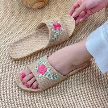 Женские вязаные льняные тапочки в стиле ретро 35 розовый