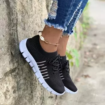 Женские вязаные легкие кроссовки из сетки, кроссовки на шнуровке из дышащей сетки, женская обувь 36 чёрный