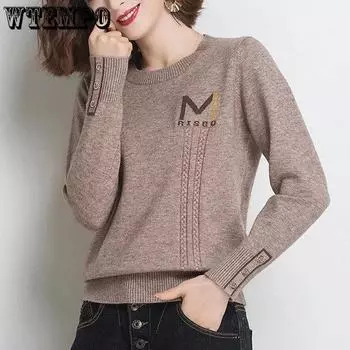 Женские вязаные пуловеры на весну и осень, универсальные однотонные свитера с длинными рукавами, топы с круглым вырезом, джемперы, трикотаж