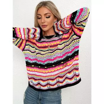 Женские вязаные пуловеры с радужным круглым вырезом в полоску, свитера с длинными рукавами, повседневные свободные топы большого размера S чёрный