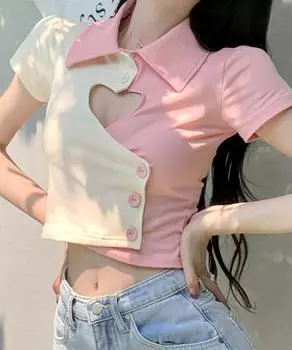 Женские вязаные розовые рубашки с вырезом в форме сердца, воротник-поло и пуговицы с коротким рукавом, повседневная модная женская блузка, топы, летние S белый
