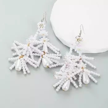 Женские вязаные серьги ручной работы с жемчугом и бисером, серьги с кисточками знаменитостей, личности OneSize белый