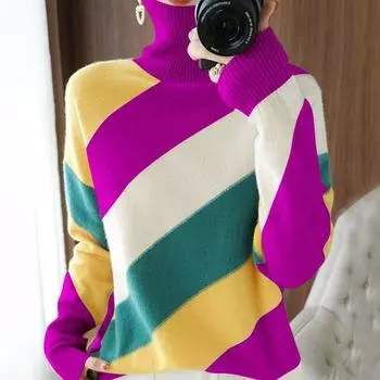 Женские вязаные свитера-пуловеры, свитера весна-осень в полоску, свободные женские джемперы с высоким воротником и верхним теплым верхом S фиолетовый